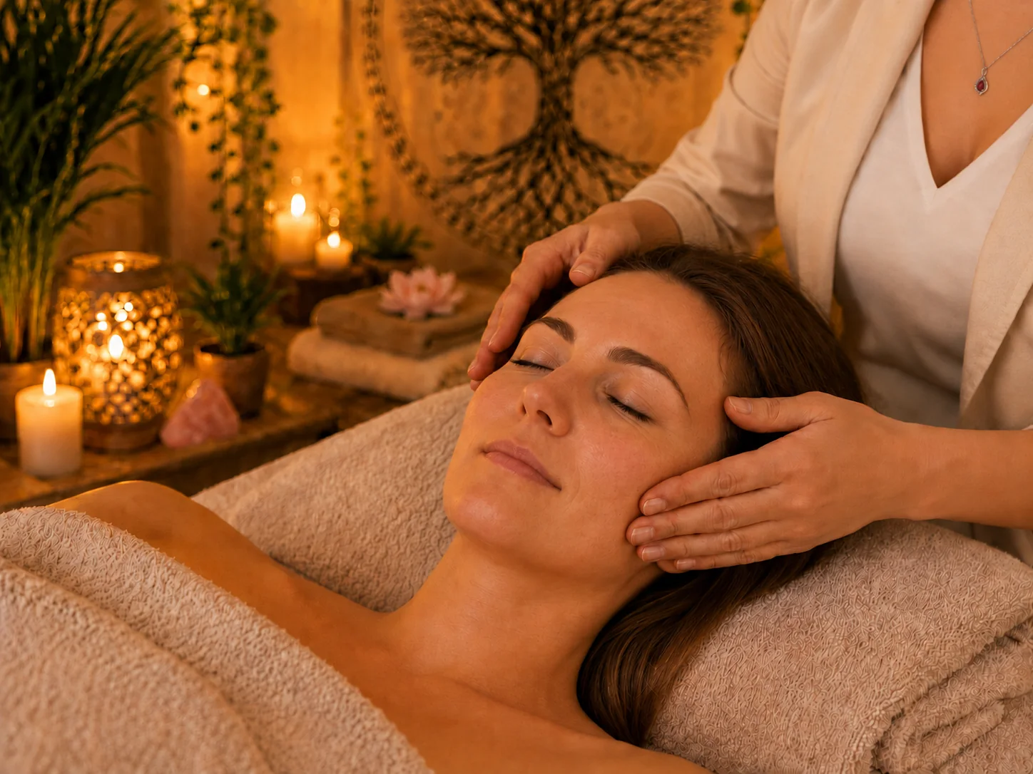 Massage du visage avec des gestes doux sur les tempes et les joues